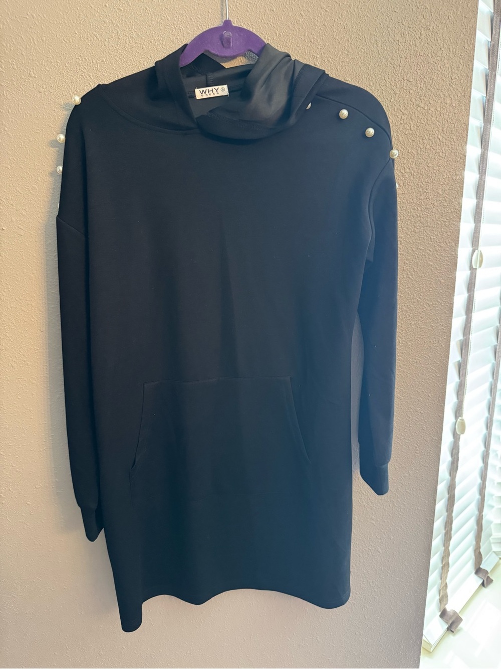 WHY Black Pearl-Trim Hooded Mini Dress
